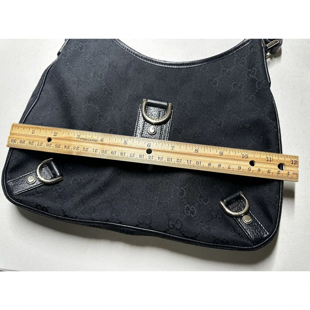 Gucci Vintage Abbey Hobo Bag Black GG Canvas Leather Trim D-Ring